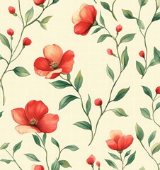Seamless pattern with watercolor flowers on a beige background, a floral red and pink print for textile design or wall art decoration. Watercolor illustration of delicate red blossoms and leaves.