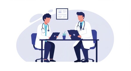 Two healthcare professionals consult each other while reviewing patient charts in an office