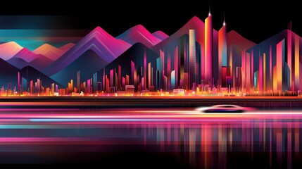 Fototapeta premium Abstract Cityscape at Night with Geometric Buildings and Water Reflections