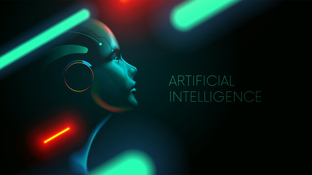 AI. Artificial intelligence robot in human face or head concept. Artificial neural network in woman head looking at up. AI mind. Clever face ai in green, red neon light. Head cyborg or robot wise look
