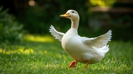 Obraz premium A funny duck waddling on the grass with a playful expression