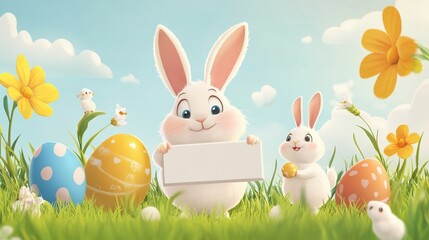 Easter bunny. Modern egg, bunnies for kids standing with placard. Rabbit or hare, spring festive animal with flower and chick. Cartoon holiday decent vector character