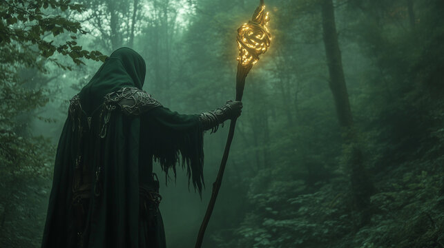 Elf druid in a cloak holding a glowing staff in an enchanting forest for fantasy character designs