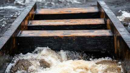 A close-up view of weathered wooden steps partially submerged in turbulent water, showcasing the dynamic interaction between solid structures and flowing currents