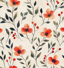 Seamless pattern with watercolor flowers on a beige background, a floral red and pink print for textile design or wall art decoration. Watercolor illustration of delicate red blossoms and leaves.