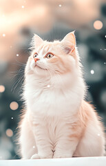 A fluffy white cat with a pink nose and green eyes is sitting on a snowy surface