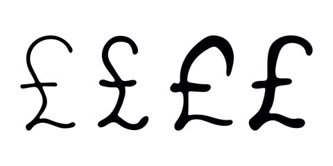 Hand drawn british pound currency symbol set Brush stroke doodle Single element for design