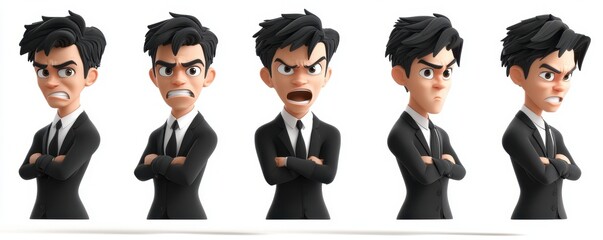 3D cartoon businessman faces of different character with Happy and sad ,angry,bossy,Emoticons with different moods,copy space.