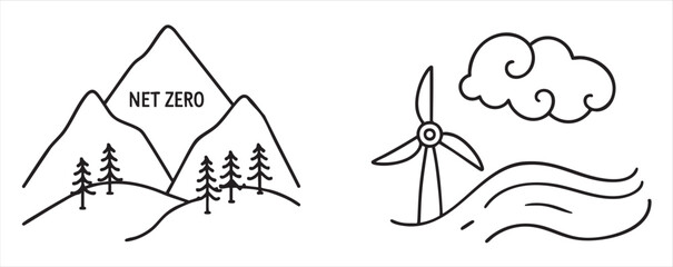 Fototapeta premium Net Zero Net zero concept with mountains, trees, wind turbine, and clouds illustration.