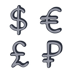 Hand drawn multiple currencies symbol set Dollar euro pound ruble