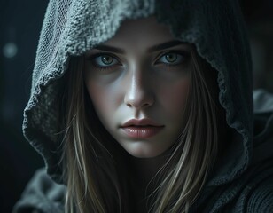 A mysterious woman with piercing eyes, wearing a hooded cloak, soft rim light creating depth, dark background, cinematic portrait