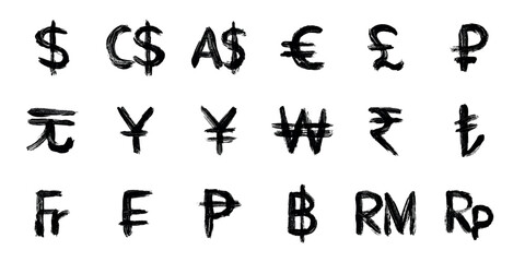Hand drawn currency symbol set Dollar euro pound ruble yuan yen won rupee lira franc peseta baht ringgit rupiah