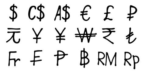 Hand drawn currency symbol set Dollar euro pound ruble yuan yen won rupee lira franc peseta baht ringgit rupiah