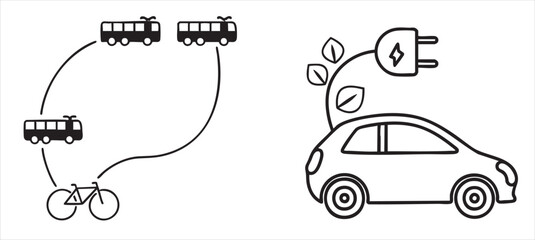 Net Zero Transportation options with eco-friendly vehicles and public transit icons.