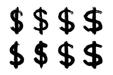 Hand drawn dollar currency symbol set Brush stroke doodle Single element for design
