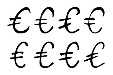 Hand drawn euro currency symbol set Brush stroke doodle Single element for design