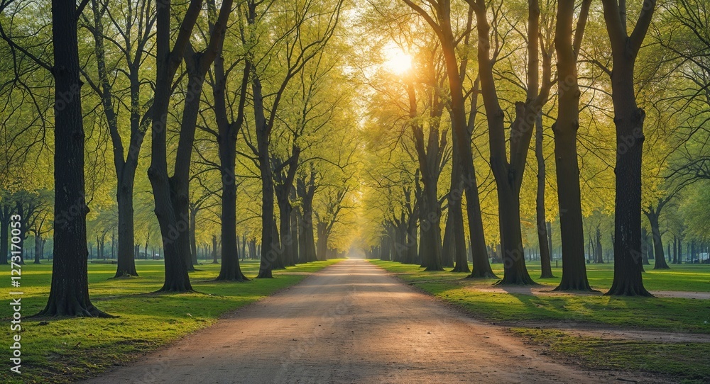 Poster empty path through a park with tall trees in spring morning sunlight filtering through the canopy