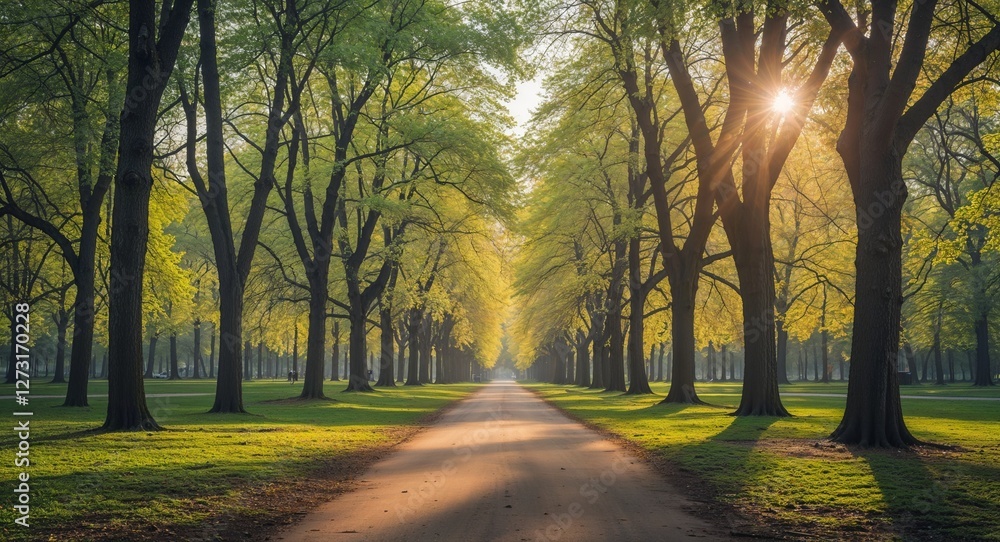 Poster empty path through a park with tall trees in spring morning sunlight filtering through the canopy