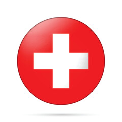 Obraz premium Glass light ball with flag of Switzerland. Round sphere, template icon. Swiss national symbol. Glossy realistic ball, 3D abstract vector illustration highlighted on a white background. Big bubble.