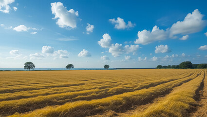 Fototapeta premium a field of grass with trees and water in the background