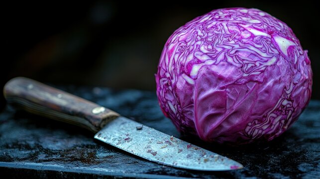 Red cabbage, whole head, resting on dark cutting board with old knife, moody background