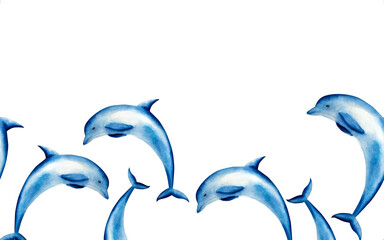 Dolphin jumping seamless frame, border, banner. Watercolor hand drawn illustration isolated on background. For designers, postcards, greetings, birthday, calendar, wallpapers, wrapping paper, baby