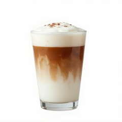 Delicious Layered Coffee Beverage with Frothy Topping in Clear Glass against White Background