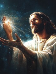 Messiah reaching out his hand isolated on illuminated background