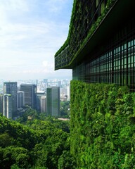 Obraz premium A modern building covered in lush greenery, blending nature with urban architecture against a backdrop of a city skyline.