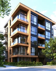 Obraz premium A modern apartment building featuring large glass windows and wooden accents, surrounded by greenery and a clear blue sky.