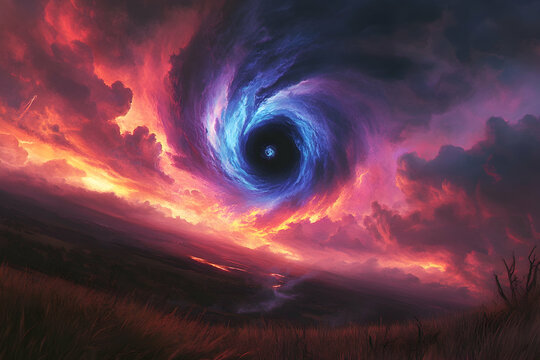 A vibrant tornado with a supermassive black hole at its center swirls over the plains, set against a red sky and purple storm clouds, in cinematic fantasy style.