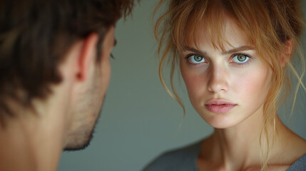  Intense gaze of a young woman confronting a man in an emotional moment perfect for relationship blogs, psychology articles, and storytelling visuals