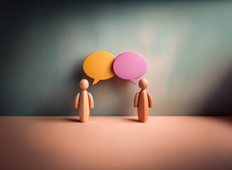 Two wooden figures face each other with speech bubbles above. Suggests dialogue and communication in an abstract, symbolic way.