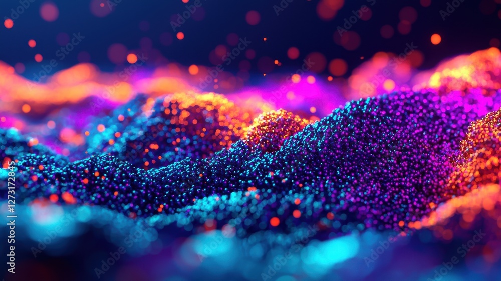 Poster dynamic colorful particles flowing on vibrant surface abstract art digital environment close-up view