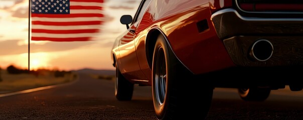 American Muscle Car Road Trip at Sunset with the Flag Flying Free on Open Highway Adventure