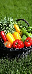 A vibrant basket filled with assorted bell peppers and fresh greens, set against a lush green grass background.
