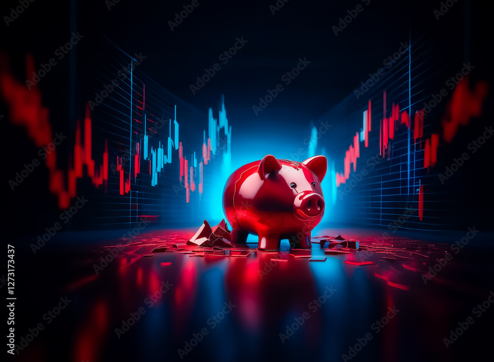 Aufkleber a red piggy bank is broken on a reflective surface with a stock market style graph in the backdrop. 