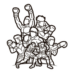 Outline Boxing Sport Kickboxing Mix Action Muay Thai Group of Fighter Cartoon Graphic Vector