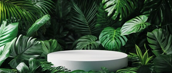 Stylish podium product platform surrounded by lush green tropical leaves, creating a fresh and vibrant backdrop for showcasing your items.