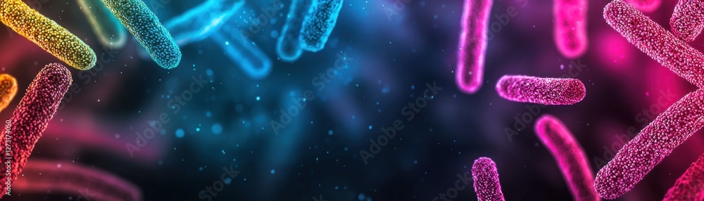 Poster exploring the microbial world colorful bacteria imagery science lab digital art abstract environment