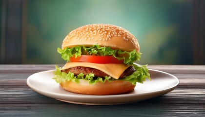 Tasty hamburger on plate on table