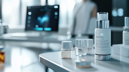 AI-Driven Skincare Station Scanning Person's Skin for Personalized Skincare Recommendations and Treatment Analysis. Innovative Digital Healthcare Technology for Optimized Skin Health and Beauty.