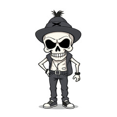 a skull emoji wearing a hat with an X on it, a leather jacket, and sneakers.