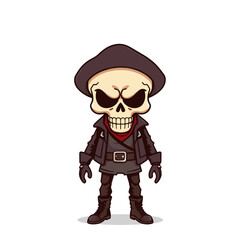 a skull emoji wearing a hat, a leather jacket, and boots.