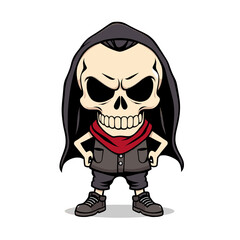 a skull wearing a hoodie, red scarf, and black shoes.