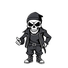 a skull emoji wearing a hat, jacket, and boots.