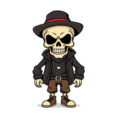 a skull emoji wearing a hat, jacket, and shoes.