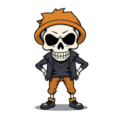 a skull emoji wearing a hat, jacket, and pants, with a stern expression on its face.