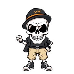 a skull emoji wearing a black hat with a w, a black jacket, and beige pants.