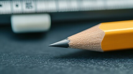 A hyperrealistic close-up of a sharp pencil tip, placed next to a ruler and eraser.